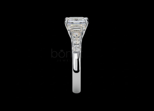Emerald-Cut Three-Stone Moissanite Diamond Ring – D Color, VVS Clarity | Bonnt