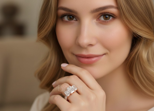 Three-Stone Emerald-Cut D Color VVS Moissanite Solitaire Ring in Gold or Sterling Silver