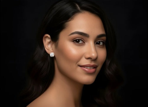 Modern & Crisp: Cushion-Cut Moissanite Diamond Studs with Pavé Halo