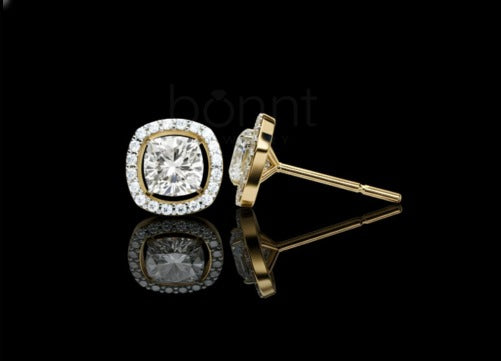 Modern & Crisp: Cushion-Cut Moissanite Diamond Studs with Pavé Halo