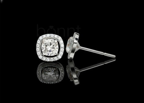 Modern & Crisp: Cushion-Cut Moissanite Diamond Studs with Pavé Halo