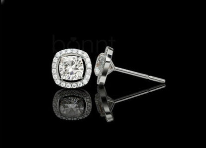 Modern & Crisp: Cushion-Cut Moissanite Diamond Studs with Pavé Halo