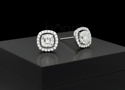 Modern & Crisp: Cushion-Cut Moissanite Diamond Studs with Pavé Halo