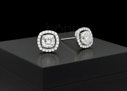 Modern & Crisp: Cushion-Cut Moissanite Diamond Studs with Pavé Halo