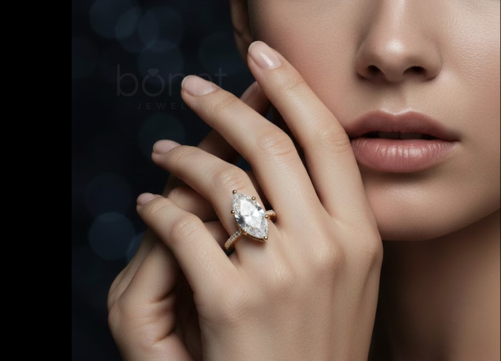 Marquise-Cut Moissanite Solitaire Ring with Diamond Accents – D Color, VVS Clarity