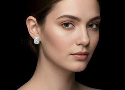 The “Art Deco” Lab-Grown Diamond Halo Stud Earrings – Emerald Cut Elegance