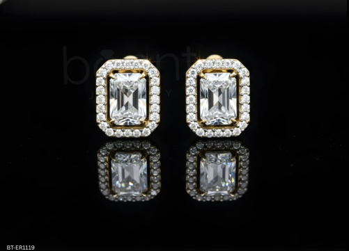 Breathtaking Lab-Grown Diamond Stud Earrings –  Emerald Cut with Dual-Row Pavé Halo