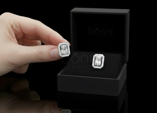 The “Art Deco” Lab-Grown Diamond Halo Stud Earrings – Emerald Cut Elegance