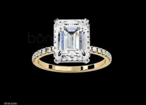 Emerald Cut Solitaire Ring with Pavé Band in D-Color Moissanite | VVS Clarity | Ideal–Excellent Cut