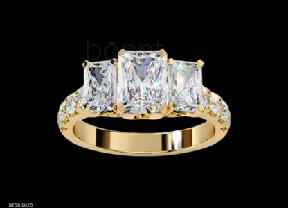Three-Stone Emerald-Cut D Color VVS Moissanite Solitaire Ring in Gold or Sterling Silver
