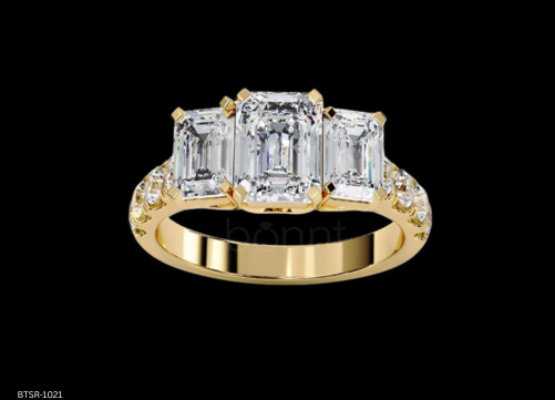 Emerald-Cut Three-Stone Moissanite Diamond Ring – D Color, VVS Clarity | Bonnt