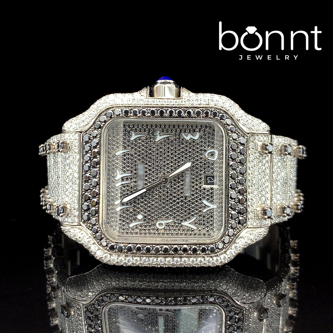 Luxury Automatic Watch – Arabic Dial, Full Iced Out with White & Black Moissanite Diamonds