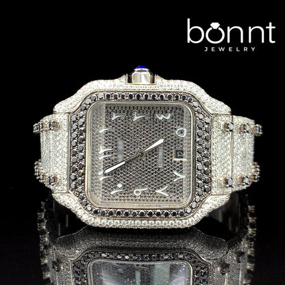 Luxury Automatic Watch – Arabic Dial, Full Iced Out with White & Black Moissanite Diamonds
