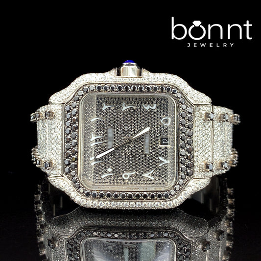 Luxury Automatic Watch – Arabic Dial, Full Iced Out with White & Black Moissanite Diamonds