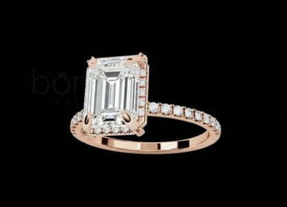 Emerald Cut Solitaire Ring with Pavé Band in D-Color Moissanite | VVS Clarity | Ideal–Excellent Cut