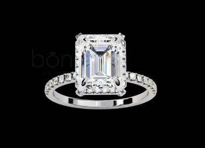 Emerald Cut Solitaire Ring with Pavé Band in D-Color Moissanite | VVS Clarity | Ideal–Excellent Cut