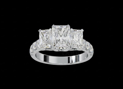Three-Stone Emerald-Cut D Color VVS Moissanite Solitaire Ring in Gold or Sterling Silver