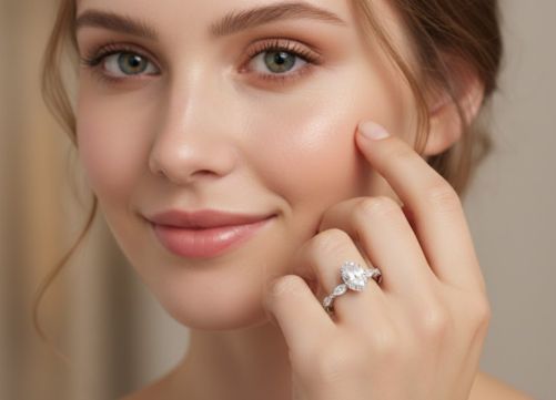 Oval Solitaire Ring with Side Accents in D-Color Moissanite | VVS Clarity