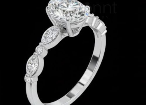 Oval Solitaire Ring with Side Accents in D-Color Moissanite | VVS Clarity
