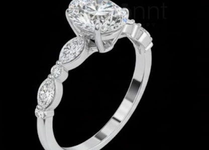 Oval Solitaire Ring with Side Accents in D-Color Moissanite | VVS Clarity