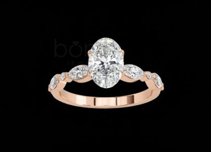Oval Solitaire Ring with Side Accents in D-Color Moissanite | VVS Clarity