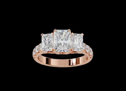 Three-Stone Emerald-Cut D Color VVS Moissanite Solitaire Ring in Gold or Sterling Silver