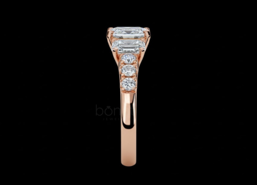 Emerald-Cut Three-Stone Moissanite Diamond Ring – D Color, VVS Clarity | Bonnt