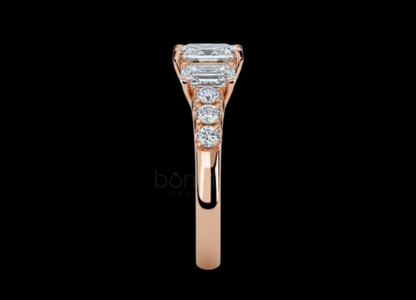 Emerald-Cut Three-Stone Moissanite Diamond Ring – D Color, VVS Clarity | Bonnt