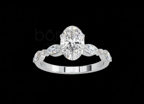 Oval Solitaire Ring with Side Accents in D-Color Moissanite | VVS Clarity