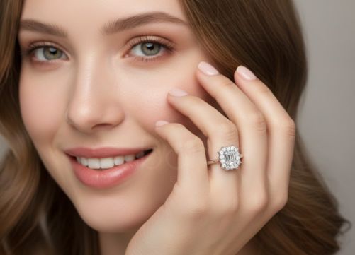 Emerald Halo Moissanite Solitaire Ring – D Color • VVS Clarity • Ideal/Excellent Cut