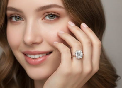 Emerald Halo Moissanite Solitaire Ring – D Color • VVS Clarity • Ideal/Excellent Cut