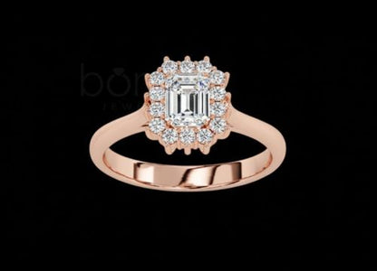 Emerald Halo Moissanite Solitaire Ring – D Color • VVS Clarity • Ideal/Excellent Cut