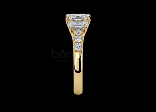 Emerald-Cut Three-Stone Moissanite Diamond Ring – D Color, VVS Clarity | Bonnt