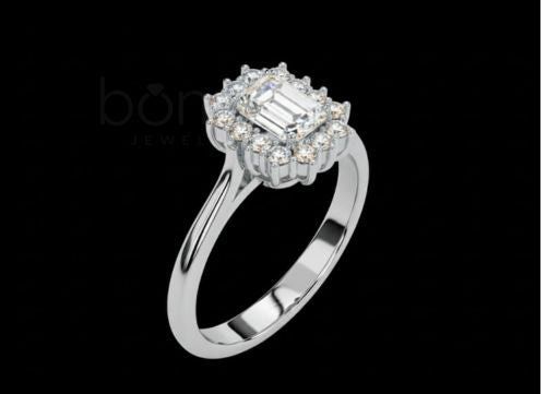 Emerald Halo Moissanite Solitaire Ring – D Color • VVS Clarity • Ideal/Excellent Cut