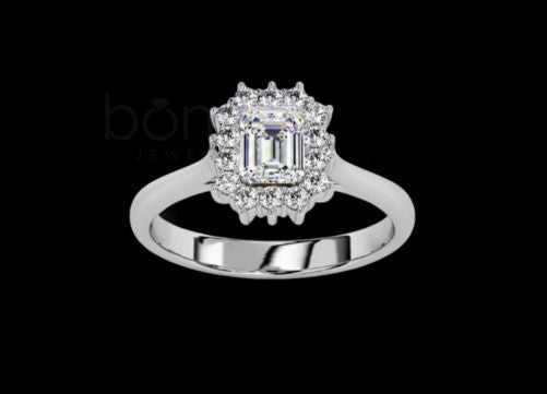 Emerald Halo Moissanite Solitaire Ring – D Color • VVS Clarity • Ideal/Excellent Cut