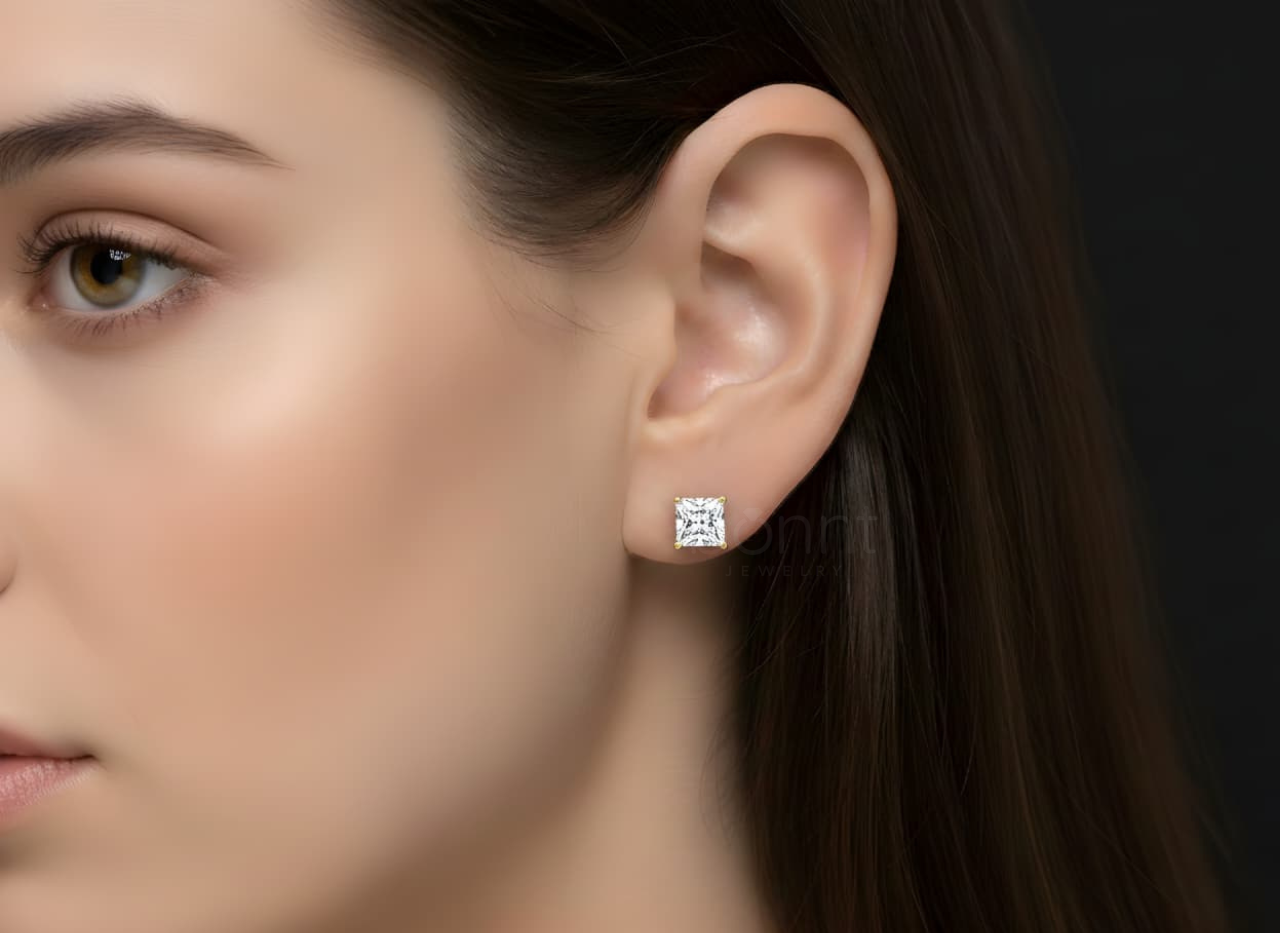 Princess Cut Solitaire Moissanite Stud Earrings – D Color VVS Fire | Bonnt