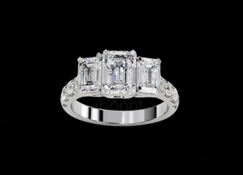 Emerald-Cut Three-Stone Moissanite Diamond Ring – D Color, VVS Clarity | Bonnt