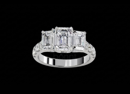 Emerald-Cut Three-Stone Moissanite Diamond Ring – D Color, VVS Clarity | Bonnt