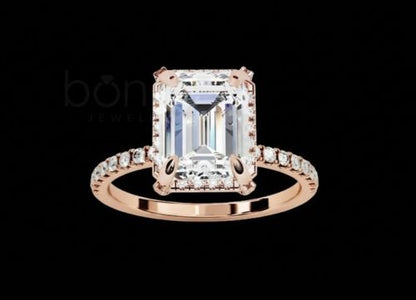 Emerald Cut Solitaire Ring with Pavé Band in D-Color Moissanite | VVS Clarity | Ideal–Excellent Cut