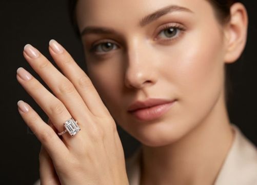 Emerald Cut Solitaire Ring with Pavé Band in D-Color Moissanite | VVS Clarity | Ideal–Excellent Cut