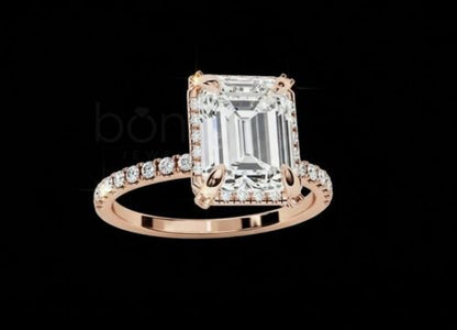 Emerald Cut Solitaire Ring with Pavé Band in D-Color Moissanite | VVS Clarity | Ideal–Excellent Cut
