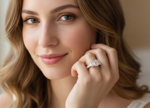 Emerald-Cut Three-Stone Moissanite Diamond Ring – D Color, VVS Clarity | Bonnt