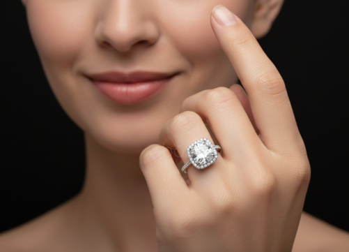 Cushion-Cut Moissanite Halo Engagement Ring – D Color, VVS Clarity