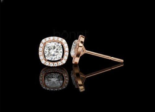 Modern & Crisp: Cushion-Cut Moissanite Diamond Studs with Pavé Halo