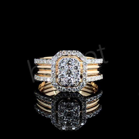 Two-Tone Gold Emerald-Cut Diamond Ring – Triple Band Halo Statement Piece
