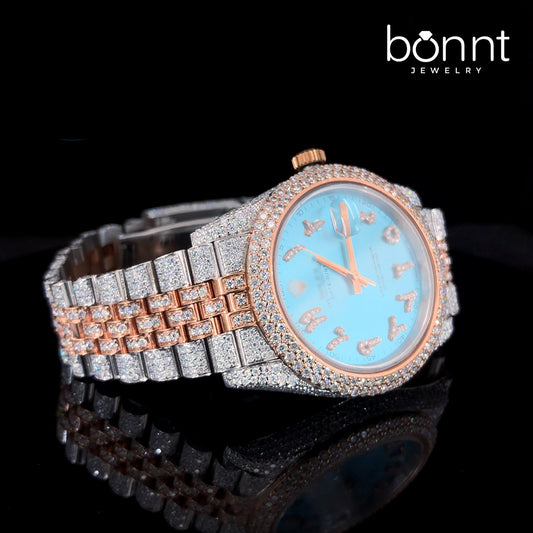 Luxury Automatic Watch – Ice Blue Arabic Dial with Two-Tone Rose & White Bracelet