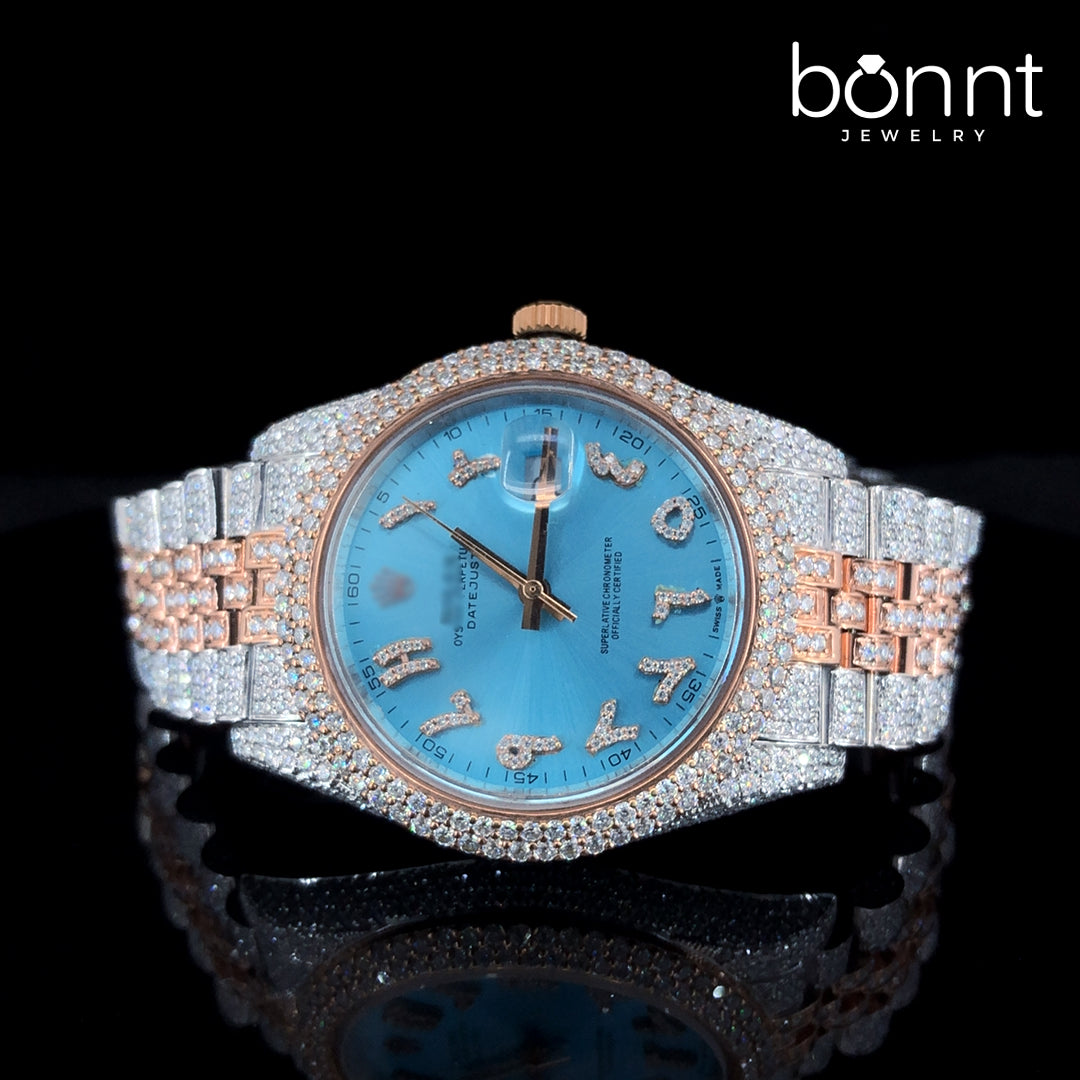 Luxury Automatic Watch – Ice Blue Arabic Dial with Two-Tone Rose & White Bracelet
