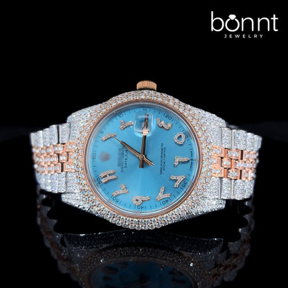 Luxury Automatic Watch – Ice Blue Arabic Dial with Two-Tone Rose & White Bracelet