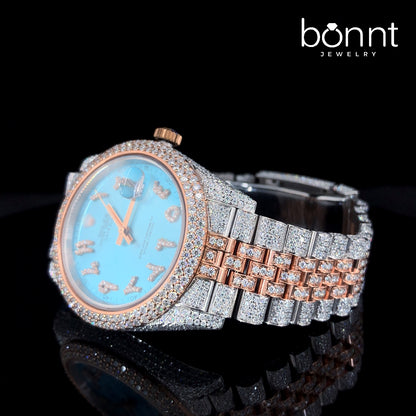 Luxury Automatic Watch – Ice Blue Arabic Dial with Two-Tone Rose & White Bracelet