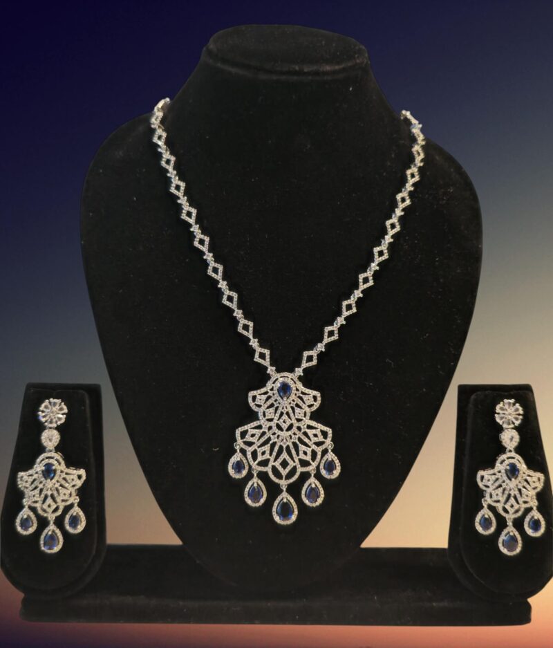 Blue Stone American Diamond Pendant Necklace Set with Earring